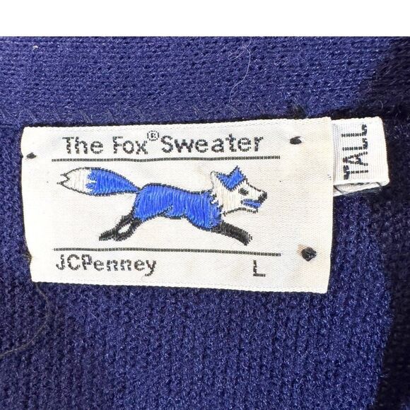 JCPenney The Fox Sweater Mens Navy Blue Cardigan Size Tall L Cotton V-Neck VTG - Picture 2 of 4